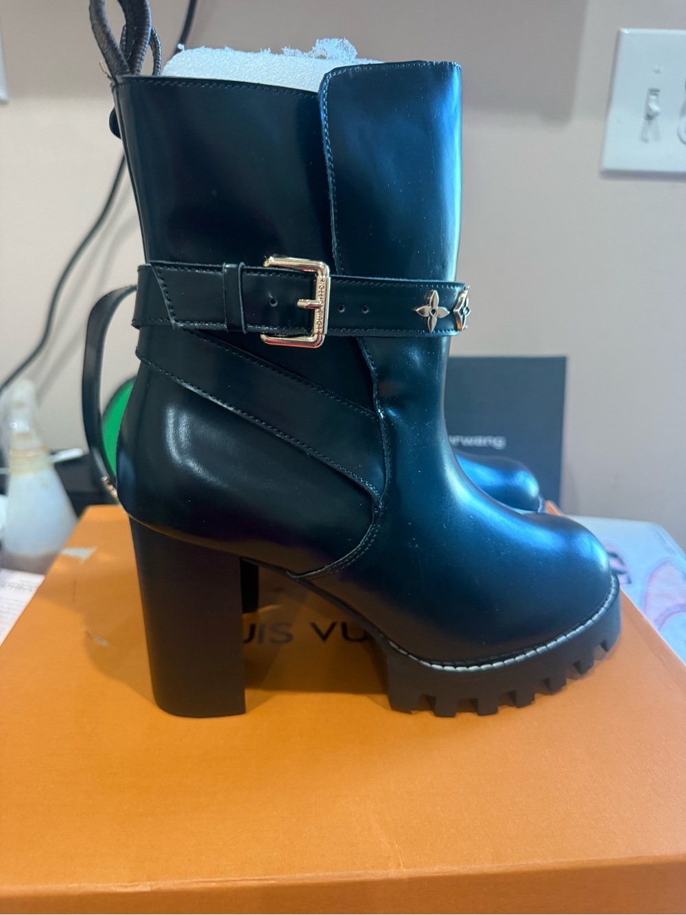 Black Buckle-Detail High Heel Lug Sole Ankle Boots